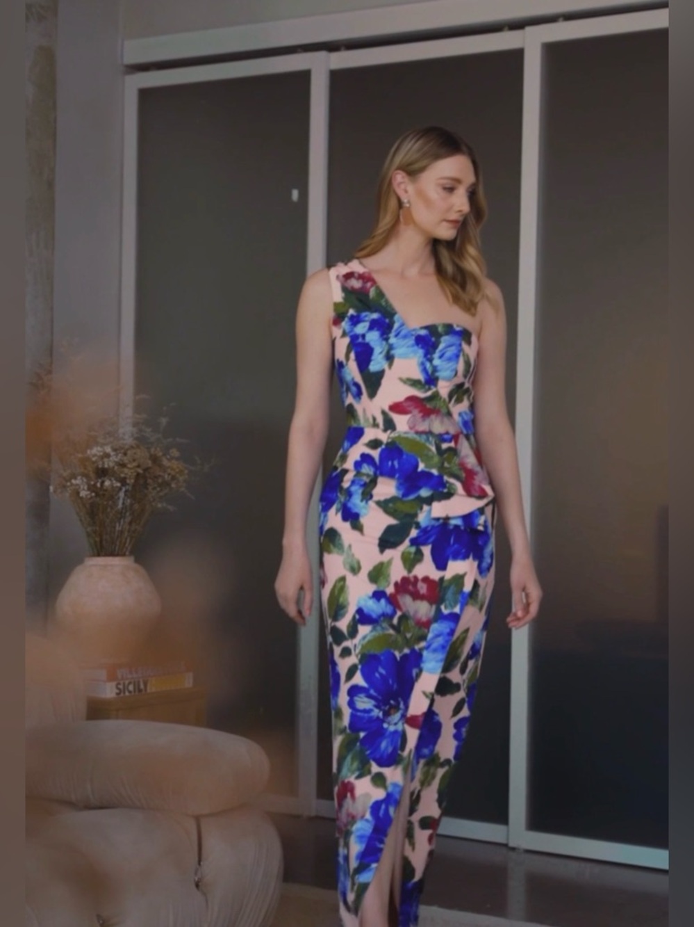 Kay Unger One-Shoulder Pink Dress with Blue Floral Print - Picture 5 of 14